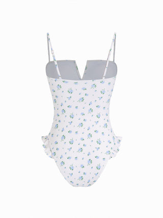 Knit Fabric Floral Square Neck Ruffle Hem One-piece Swimsuit For Swimming Pool Beach