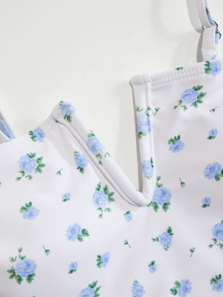 Knit Fabric Floral Square Neck Ruffle Hem One-piece Swimsuit For Swimming Pool Beach