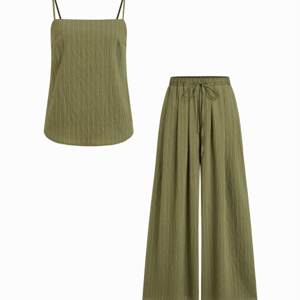 Stripe Square Neck Tank Top & Drawstring Wide Leg Trousers Set
