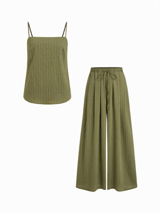 Stripe Square Neck Tank Top & Drawstring Wide Leg Trousers Set