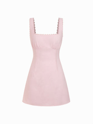 Cotton Textured Square Neck Lace Trim A-line Mini Dress