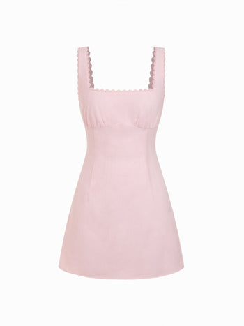 Cotton Textured Square Neck Lace Trim A-line Mini Dress