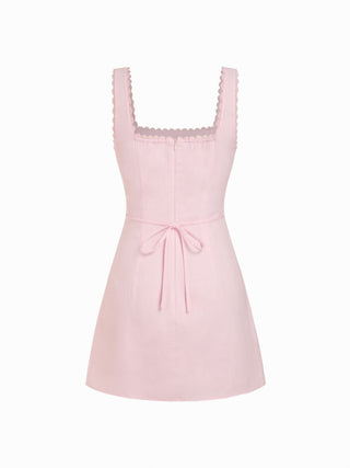 Cotton Textured Square Neck Lace Trim A-line Mini Dress