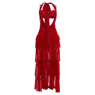 Self tie halter hollow out ruffle mesh mini dress