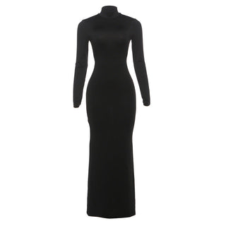 Long sleeve high neck backless self tie maxi dress