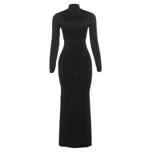 Long sleeve high neck backless self tie maxi dress