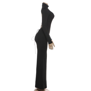 Long sleeve high neck backless self tie maxi dress