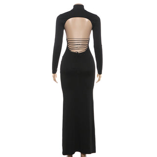 Long sleeve high neck backless self tie maxi dress