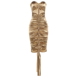Hollow out ruched metallic tube mini dress
