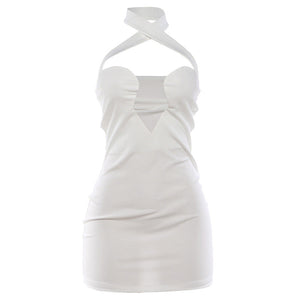 Cross front halter hollow out backless mini dress