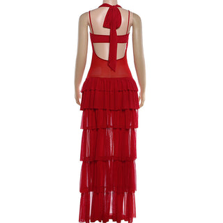 Self tie halter hollow out ruffle mesh mini dress