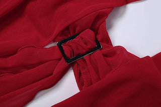 Self tie halter hollow out ruffle mesh mini dress