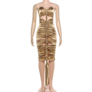 Hollow out ruched metallic tube mini dress