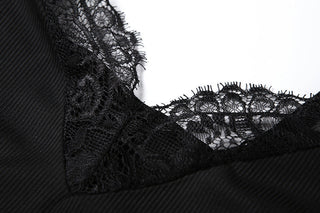 Lace hem v neck ribbed backless cami mini dress