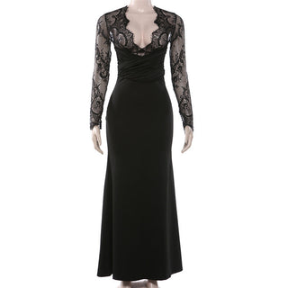 Long sleeve lace patchwork v neck maxi dress
