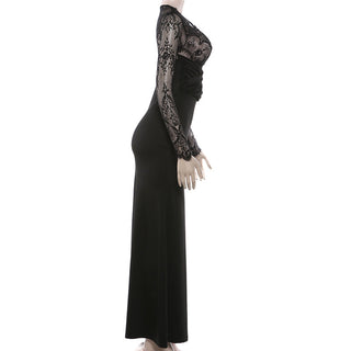 Long sleeve lace patchwork v neck maxi dress