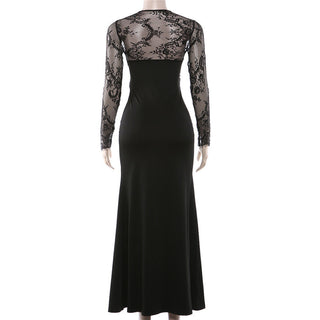 Long sleeve lace patchwork v neck maxi dress