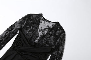 Long sleeve lace patchwork v neck maxi dress