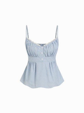 Cotton Stripe V-Neck Lace Panel Button Tie Back Peplum Cami Top