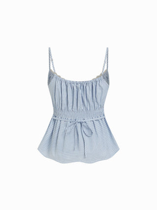 Cotton Stripe V-Neck Lace Panel Button Tie Back Peplum Cami Top