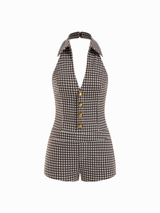 Woven Plaid Button Decor Halter Neck Romper