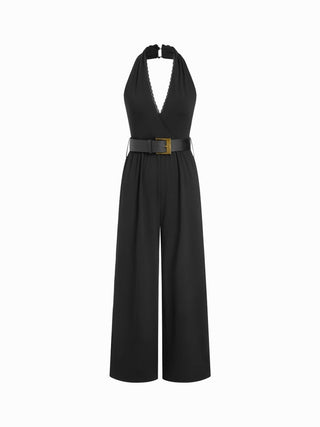 Knit Fabric Halter Neckline Lace Trim Wide Leg Jumpsuit With Belt For Daily Casual Date