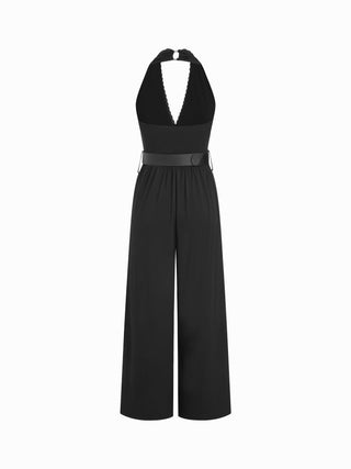 Knit Fabric Halter Neckline Lace Trim Wide Leg Jumpsuit With Belt For Daily Casual Date