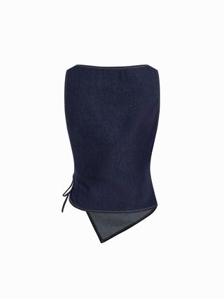 Washed Denim Boat Neck Wrap Tie Waist Asymmetrical Hem Vest