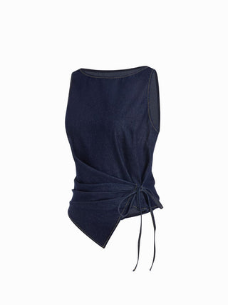 Washed Denim Boat Neck Wrap Tie Waist Asymmetrical Hem Vest