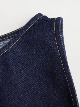 Washed Denim Boat Neck Wrap Tie Waist Asymmetrical Hem Vest