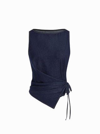Washed Denim Boat Neck Wrap Tie Waist Asymmetrical Hem Vest