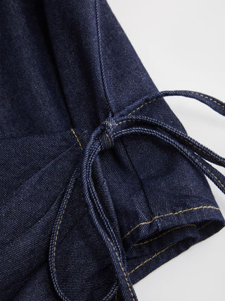 Washed Denim Boat Neck Wrap Tie Waist Asymmetrical Hem Vest