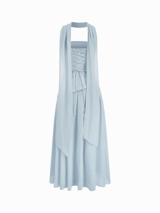 Chiffon Sculptural Halter Neckline Lace Up Maxi Bobycon Dress With Scarf