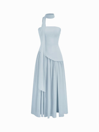 Chiffon Sculptural Halter Neckline Lace Up Maxi Bobycon Dress With Scarf