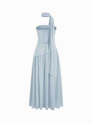 Chiffon Sculptural Halter Neckline Lace Up Maxi Bobycon Dress With Scarf