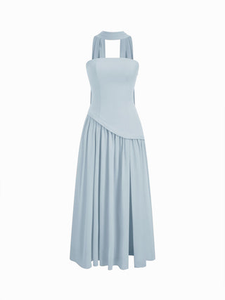 Chiffon Sculptural Halter Neckline Lace Up Maxi Bobycon Dress With Scarf