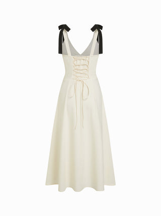Linen-blend Sweetheart Neck Bowknot Lace-up A-line Maxi Dress