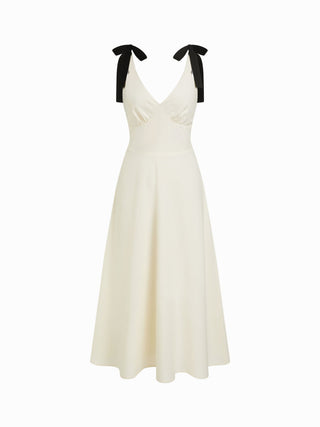 Linen-blend Sweetheart Neck Bowknot Lace-up A-line Maxi Dress