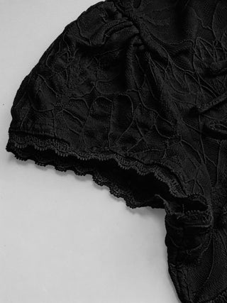 Lace Floral Stand Collar Bowknot Short Sleeve Top