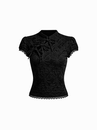 Lace Floral Stand Collar Bowknot Short Sleeve Top