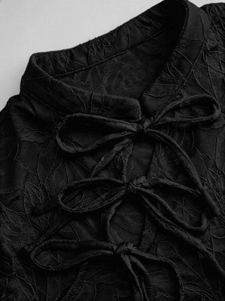 Lace Floral Stand Collar Bowknot Short Sleeve Top