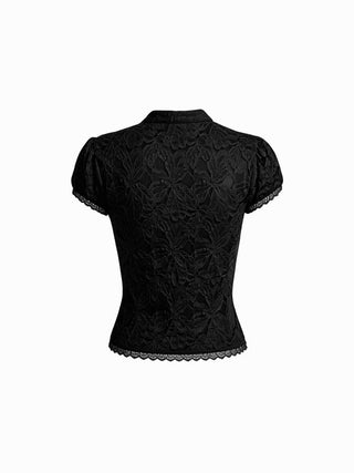 Lace Floral Stand Collar Bowknot Short Sleeve Top