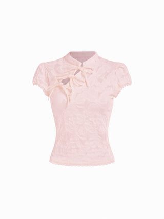 Lace Floral Stand Collar Bowknot Short Sleeve Top