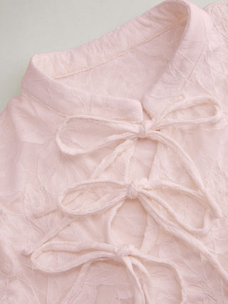 Lace Floral Stand Collar Bowknot Short Sleeve Top
