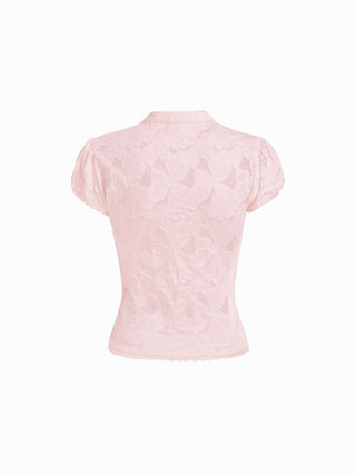 Lace Floral Stand Collar Bowknot Short Sleeve Top