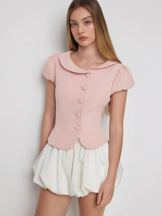 Woven Puff Sleeve Peter Pan Collar Button Front Blouse For Daily Casual Date