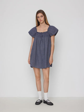 Woven Cotton-blend Gingham Shirred High Rise Mini Dress For Daily Casual