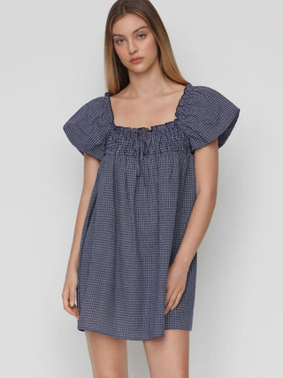 Woven Cotton-blend Gingham Shirred High Rise Mini Dress For Daily Casual