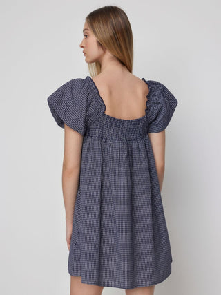 Woven Cotton-blend Gingham Shirred High Rise Mini Dress For Daily Casual