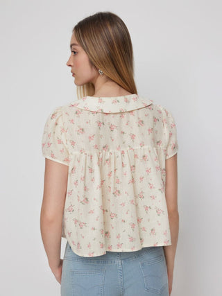 Woven Floral Peter Pan Collar Short Sleeve Blouse For Daily Casual